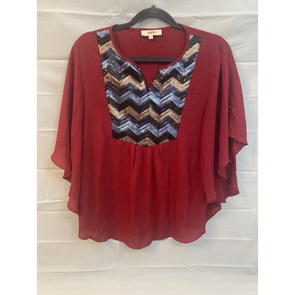 Umgee Top Womens L Poncho Boho Sequin Kimono Batwing Semi Sheer